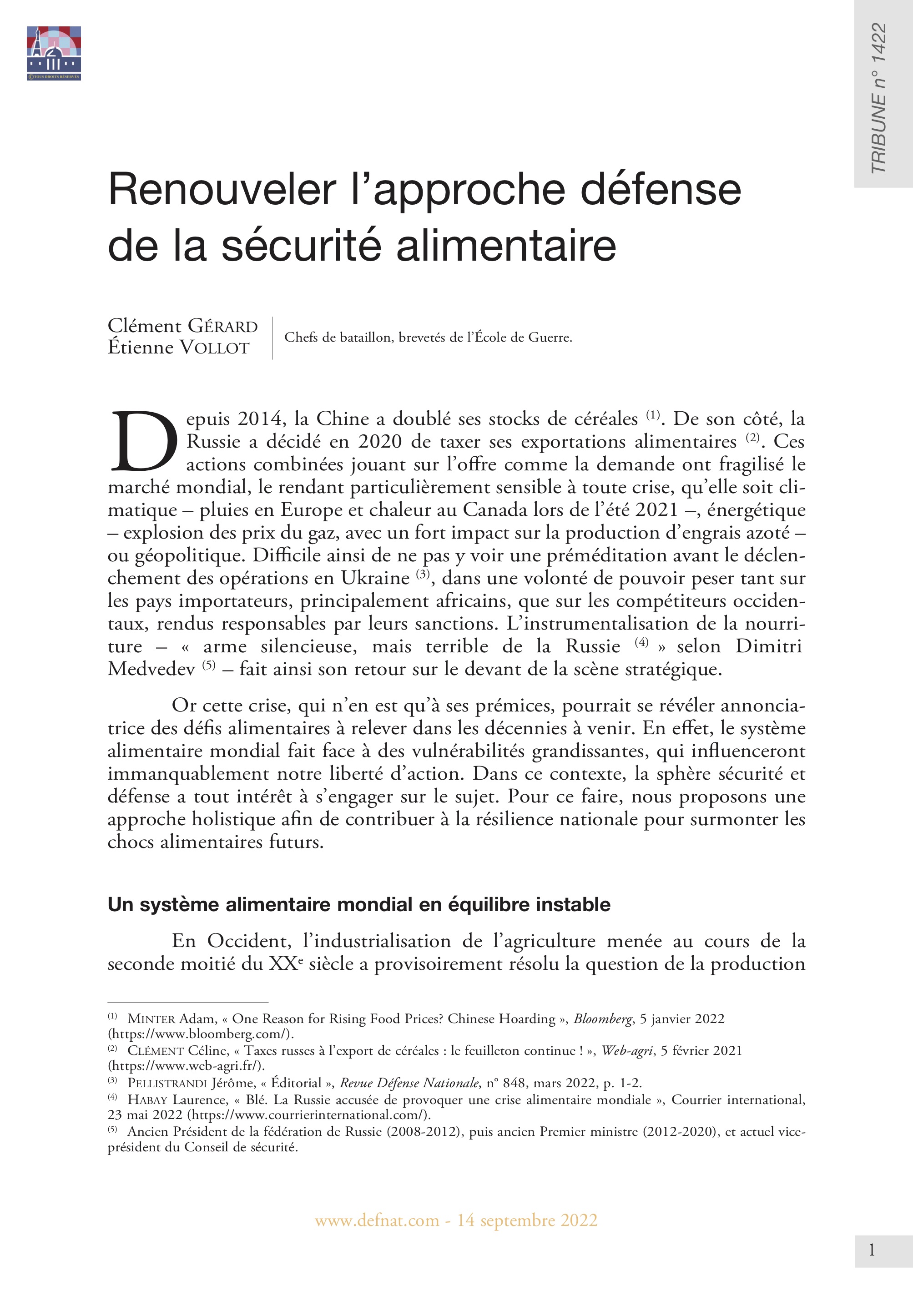 Renouveler l’approche défense de la sécurité alimentaire (T 1422)
